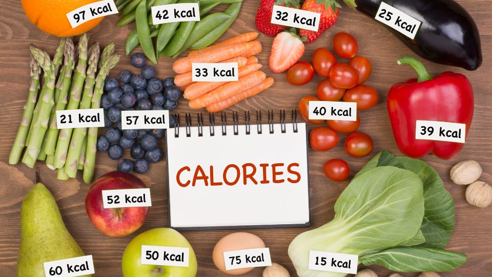 Variety of low-calorie foods for healthy eating.