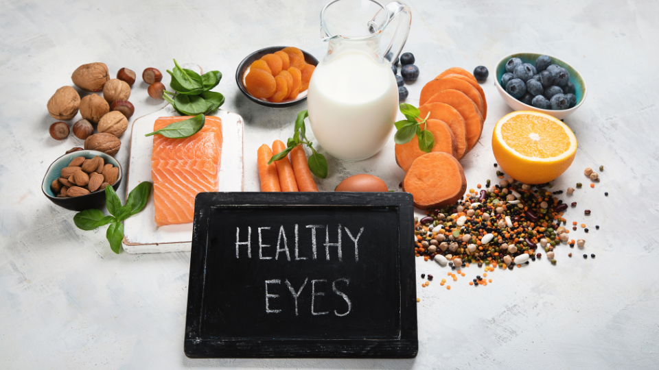 A variety of colorful fruits, vegetables, and nuts rich in vitamins and antioxidants, promoting eye health.